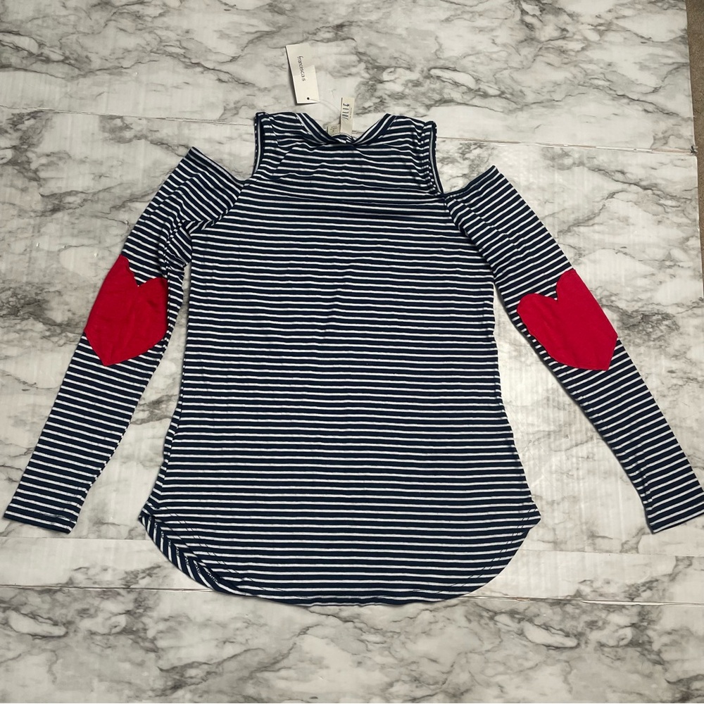 Cold Shoulder Heart Elbow Striped Long-sleeve Top